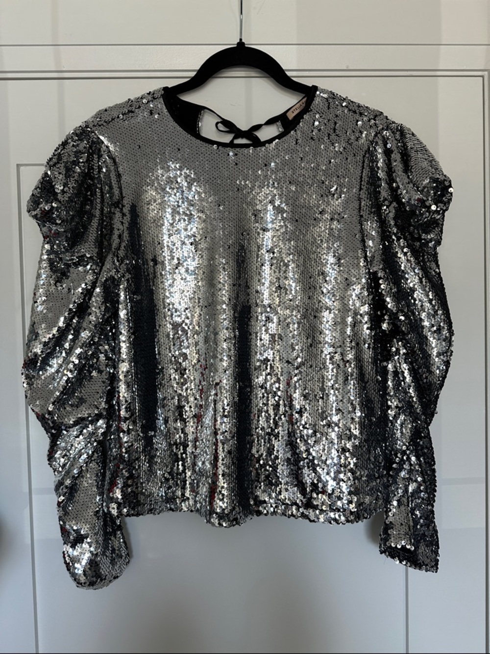 Anthropologie Stella Nova Sequined Silver Puff-Sleeve Top XS